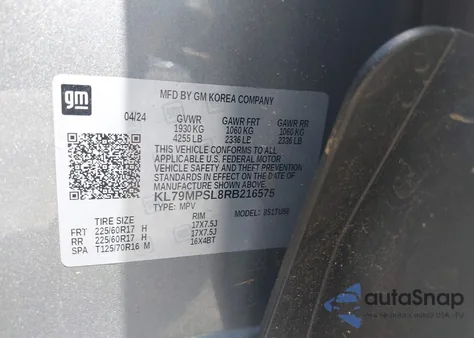 2024 Chevrolet Trailblazer Fwd Lt z USA, uszkodzony, nr VIN KL79MPSL8RB216575